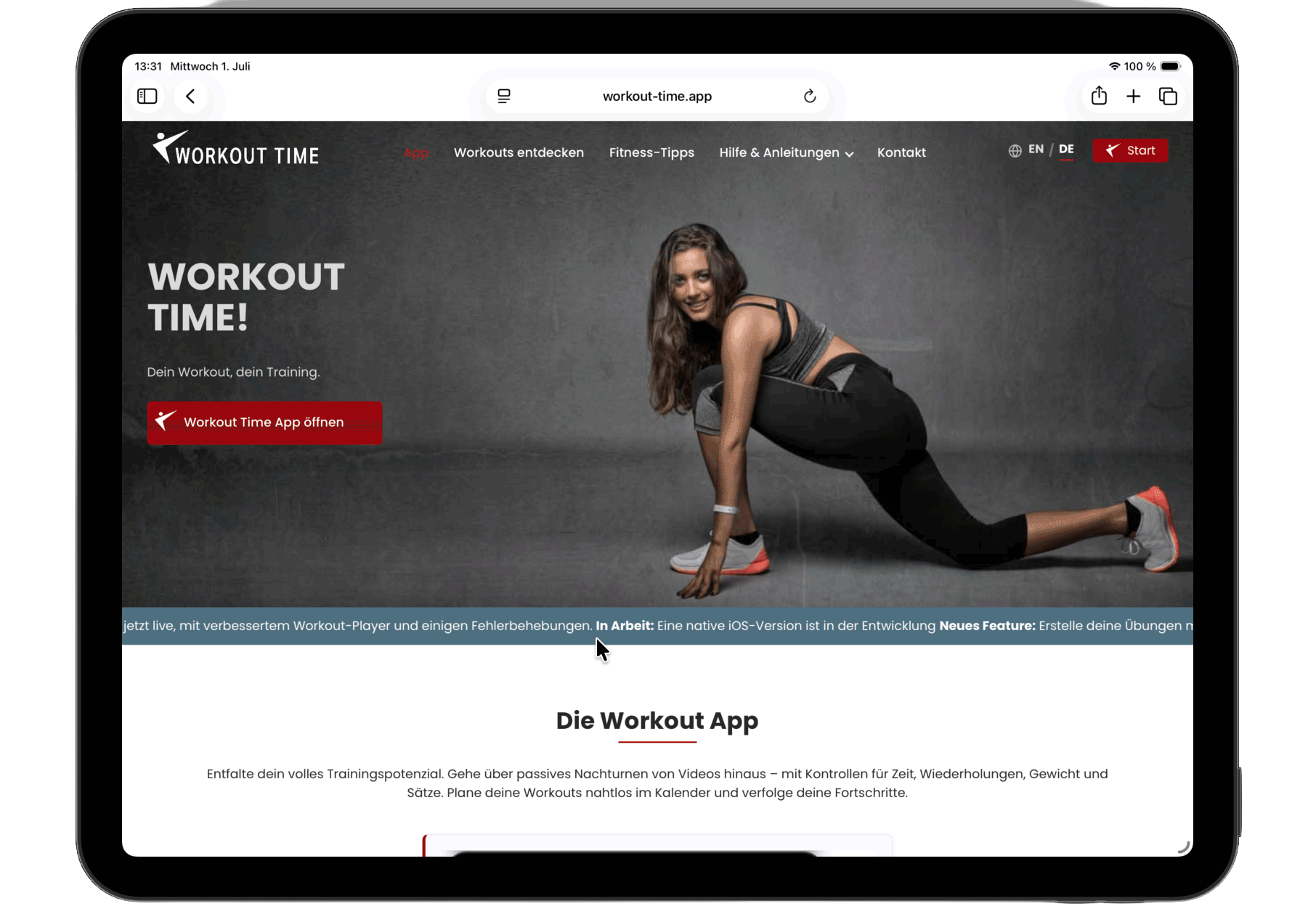 Workout Time App Startbildschirm
