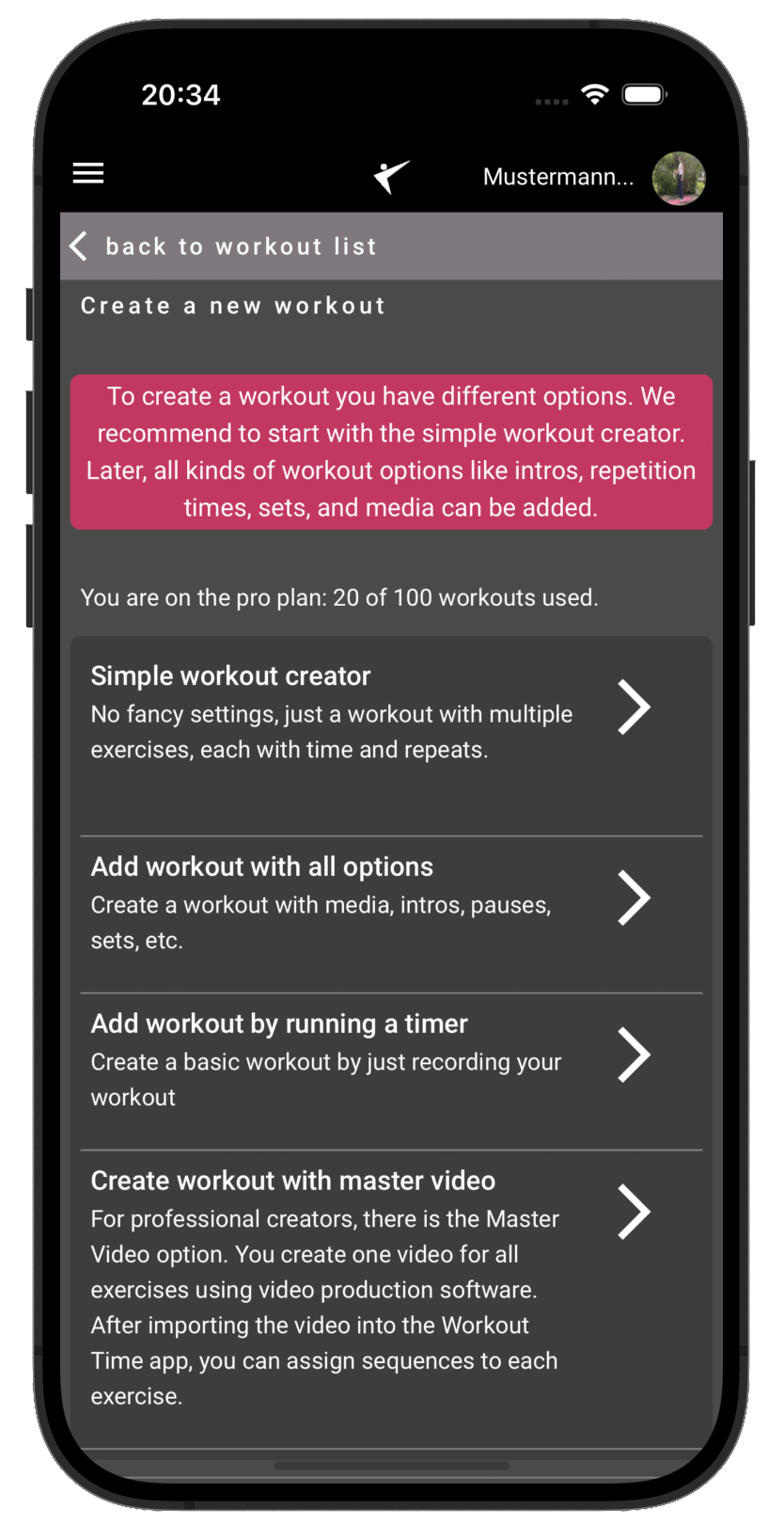 Create Workout Options Screen